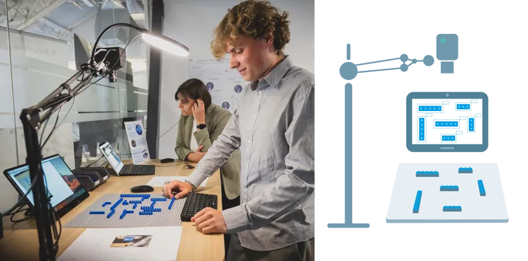 Praxisaufbau zur KI-gestützten Bildanalyse mit Kamera und Arbeitsfläche zur automatischen Erkennung von Bauteilen.